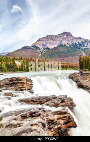 Les chutes Athabasca dans le parc national Jasper, sur la Promenade des glaciers de l'Alberta, au Canada, avec le Mont Kerkeslin en arrière-plan. Une cascade de classe 5, il i Banque D'Images