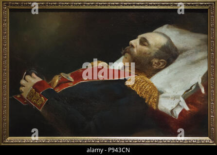 L'empereur Alexandre II de Russie sur son lit de mort représenté dans la peinture d'un artiste inconnu des années 1880 après la peinture de peintre russe Konstantin Makovsky (1881) sur l'affichage à l'exposition dédiée à l'empereur Alexandre II dans le Musée Historique d'État de Moscou, en Russie. L'exposition marquant le 200e anniversaire de la naissance d'Alexandre II s'exécute jusqu'au 18 octobre 2018. Banque D'Images