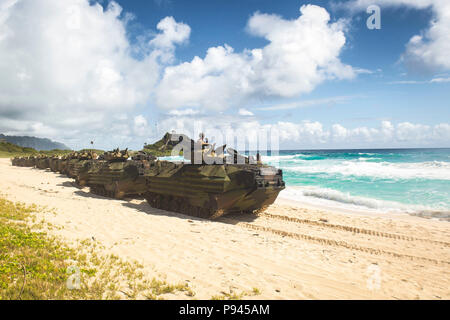 180708-M-ZO893-1003 Hawaï Base du Corps des Marines (8 juillet 2018) Les Marines américains avec Combat Assault Company, 3e Régiment de Marines, l'étape AAV-P7/A1 voies de véhicules amphibies pour splash formation à Pyramid Rock Beach dans le cadre du Rim of the Pacific (RIMPAC) sur base du Corps des Marines Hawaii le 8 juillet 2018. RIMPAC fournit une formation de valeur pour la tâche-organisé, hautement capable Marine-Air Task Force au sol et améliore la capacité d'intervention de crise critique de Marines américains dans le Pacifique. Vingt-cinq nations, 46 navires, 5 sous-marins, environ 200 avions et 25 000 personnes participent à l'EXERCICE RIMPAC Banque D'Images