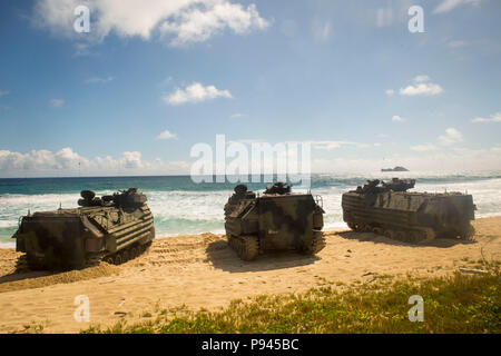 180708-M-ZO893-1004 Hawaï Base du Corps des Marines (8 juillet 2018) Les Marines américains avec Combat Assault Company, 3e Régiment de Marines, à l'AAV-P7/A1 voies de véhicules amphibies sont mis en scène en formation avant formation splash à Pyramid Rock Beach dans le cadre du Rim of the Pacific (RIMPAC) sur base du Corps des Marines Hawaii le 8 juillet 2018. RIMPAC fournit une formation de valeur pour la tâche-organisé, hautement capable Marine-Air Task Force au sol et améliore la capacité d'intervention de crise critique de Marines américains dans le Pacifique. Vingt-cinq nations, 46 navires, 5 sous-marins, environ 200 avions, et un personnel de 25 000 Banque D'Images