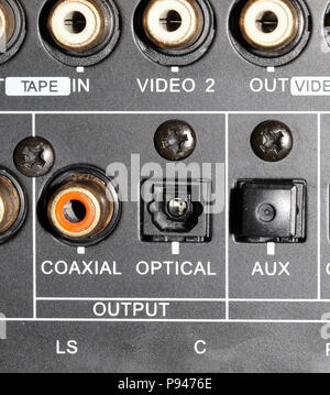 Port audio optique femelle ( Toslink ) ouvert ( Optical Mark ), fermé ( aux Mark ) et connecteur rca coaxial. Banque D'Images