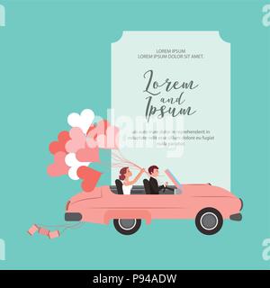 Jeunes mariés en voiture décapotable avec carte de mariage ballons vector illustration Illustration de Vecteur