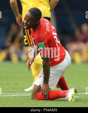 L'Angleterre Raheem Sterling réagit au cours de la Coupe du Monde de la troisième place match play-off à Saint Petersbourg Stadium. Banque D'Images