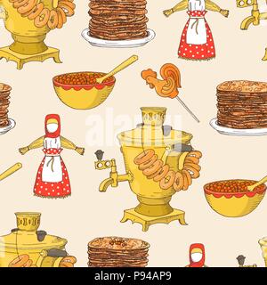 Hand drawn seamless pattern Mardi Gras Maslenitsa ou Illustration de Vecteur