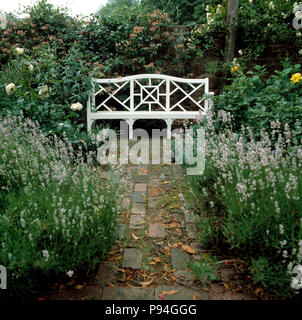 Chemin de brique entre la lavande en été fortifiée avec banc de jardin pays blanc Banque D'Images