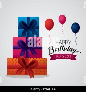 Joyeux anniversaire carte trois ballons cadeaux colorsbirth vector illustration Illustration de Vecteur