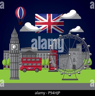 Royaume-uni drapeau du pays nuit nuages volant big ben château roue double decker vector illustration Illustration de Vecteur