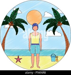 L'homme en maillot de bain sur la plage tropical Illustration de Vecteur