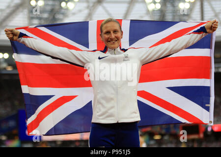 Holly Bradshaw de Grande-bretagne célèbre remportant la Perche femmes. Coupe du monde d'athlétisme 2018 , Jour 1 à la London Stadium dans le parc Queen Elizabeth Olympic Park, Stratford on samedi 14 juillet 2018. l'événement inaugural dispose de huit nations ; USA, GB & IN, Pologne, Chine, Allemagne, France, Jamaïque et l'Afrique du Sud. Ce droit ne peut être utilisé qu'à des fins rédactionnelles. Utilisez uniquement rédactionnel, pic par Steffan Bowen/Andrew Orchard la photographie de sport/Alamy live news Banque D'Images