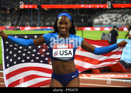 Londres, Royaume-Uni. 14 juillet, 2018. Ashley Henderson remporte le 100 dans un temps de 11.07 secondes. Credit : Nigel Bramley/Alamy Live News Banque D'Images