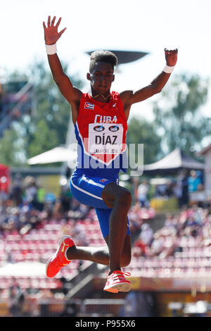 Tampere, Finlande. 14 juillet, 2018. Jordan A. Diaz de Cuba fait concurrence au cours de la Men's Triple saut au final les Championnats du Monde U20 Championships à Tampere, Finlande, le 14 juillet 2018. Diaz a remporté la médaille d'or avec 17,15 mètres. Credit : Matti Matikainen/Xinhua/Alamy Live News Banque D'Images