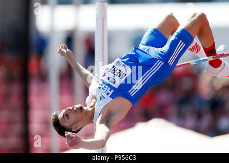 Tampere, Finlande. 14 juillet, 2018. Antonios Merlos de Grèce est en concurrence au cours de la finale du saut en hauteur Hommes au Championnats du Monde U20 Championships à Tampere, Finlande, le 14 juillet 2018. Antonios Merlos a gagné la médaille d'or avec 2,23 mètres. Credit : Matti Matikainen/Xinhua/Alamy Live News Banque D'Images