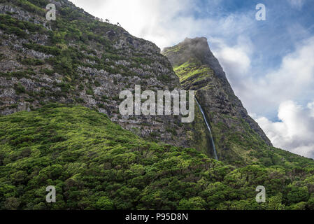 Cascata do Poço do Bacalhau, une chute sur l'île de Flores aux Açores, Portugal. Banque D'Images