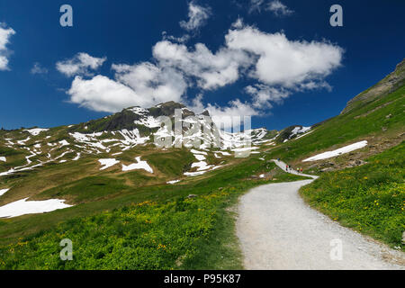 Sentier de montagne dans un paysage enneigé chemin à Bachalp, Grindelwald-First dans la région Jungfrau Alpes de l'Oberland Bernois, Suisse Banque D'Images