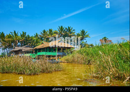 L'ancienne maison sur pilotis en bois avec jardin de palmiers sur l'arrière-plan est vu à travers les fourrés de roseaux sur le lac Inle, Myanmar, Ywama. Banque D'Images