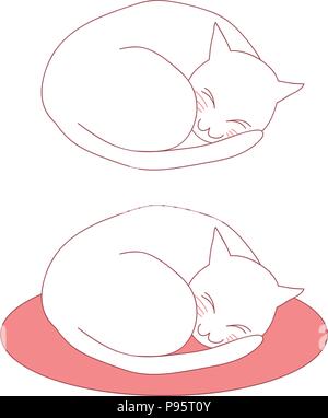 Ball Cat Sleeping on Bed. Vector Illustration. isolé sur fond blanc. Illustration de Vecteur