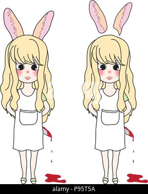 Cheveux longs bouclés fille avec des oreilles de lapin Holding Bloody Knife. Vector Illustration. isolé sur fond blanc. Illustration de Vecteur