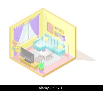 Vector poly faible isométrique de l'intérieur en coupe illustartion. Salle de séjour Illustration de Vecteur