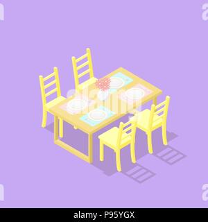 Isométrique poly bas table à manger avec chaises. Icône réaliste. Table avec plaques et fleurs dans le vase Illustration de Vecteur