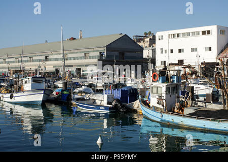 Les bateaux de pêche amarrés au port de Jaffa à Tel Aviv, Israël Banque D'Images