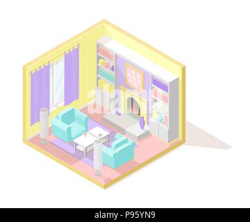 Vector poly faible isométrique de l'intérieur en coupe illustartion. Salon avec fauteuils bleus, table basse, cheminée et d'autres meubles de couleurs pastel Illustration de Vecteur