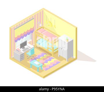 Vector poly faible isométrique de l'intérieur en coupe illustartion. Chambre d'enfant avec lit à deux niveaux, avec l'ordinateur de bureau, armoire et autres meubles en pastel c Illustration de Vecteur