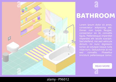 Vector poly faible isométrique de l'intérieur en coupe illustartion. Une salle de bains privative. Bannière pour un site web Illustration de Vecteur