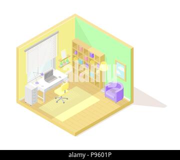 Vector poly faible isométrique de l'intérieur en coupe illustartion. Chambre de Travail Illustration de Vecteur