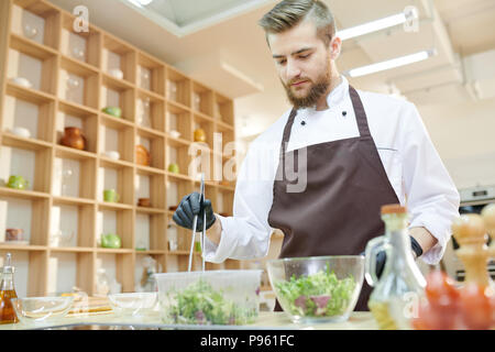 Chef Preparing Salad in Restaurant Banque D'Images
