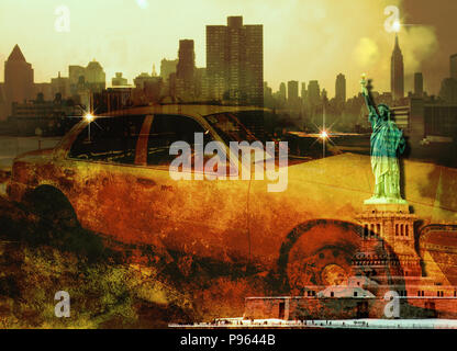 New York Yellow Cab. Statue de la liberté. Manhattan skyline Banque D'Images