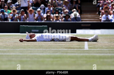 Chun Hsin Tseng célèbre la victoire de la finale des célibataires pour garçons le treize jour des Championnats de Wimbledon au All England Lawn tennis and Croquet Club, Wimbledon. APPUYEZ SUR ASSOCIATION photo. Date de la photo: Dimanche 15 juillet 2018. Voir PA Story TENNIS Wimbledon. Le crédit photo devrait se lire: Steven Paston/PA Wire. Banque D'Images