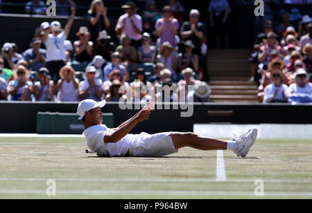 Chun Hsin Tseng célèbre la victoire de la finale des célibataires pour garçons le treize jour des Championnats de Wimbledon au All England Lawn tennis and Croquet Club, Wimbledon. APPUYEZ SUR ASSOCIATION photo. Date de la photo: Dimanche 15 juillet 2018. Voir PA Story TENNIS Wimbledon. Le crédit photo devrait se lire: Steven Paston/PA Wire. Banque D'Images