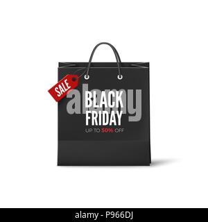 Le vendredi noir concept. Sac de papier noir avec tag Vente et texte. Le vendredi noir modèle de page. Vector illustration isolé sur fond blanc Illustration de Vecteur