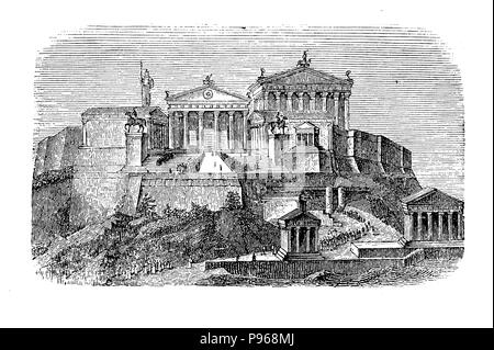 Gravure d'époque décrivant comment aurait pu être l'acropole d'Athènes dans l'ancien temps, pas endommagé au cours des siècles. Banque D'Images