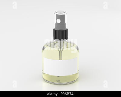 Parfum vaporisateur avec un liquide jaune isolé sur fond blanc. Maquette 3D render Banque D'Images