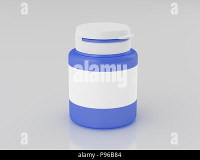 Ces médicaments contenant pour la nutrition dans le sport ou les drogues isolé sur fond blanc : chemin de détourage. Blank blue peut immersive. 3D render Banque D'Images