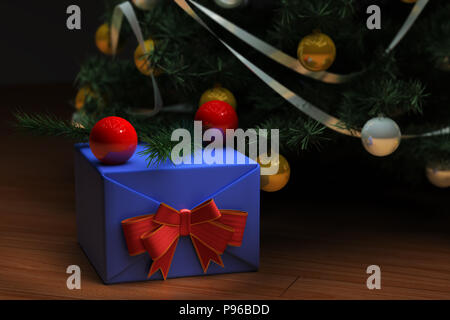 Blue Christmas gift box avec un arc rouge et arbre de Noël. 3d illustration Banque D'Images
