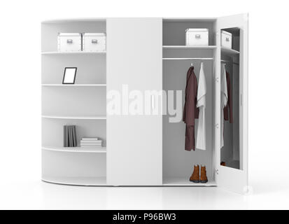 Ouvrez armoire blanche avec miroir et porte-livre isolé sur fond blanc.  : Chemin de détourage. 3D render Banque D'Images