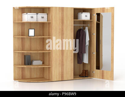 Ouvrez armoire blanche avec miroir et porte-livre isolé sur fond blanc.  : Chemin de détourage. 3D render Banque D'Images