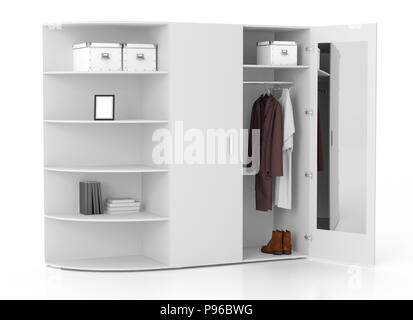 Ouvrez armoire blanche avec miroir et porte-livre isolé sur fond blanc.  : Chemin de détourage. 3D render Banque D'Images