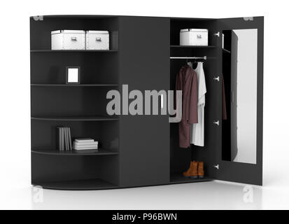 Noir ouvert armoire avec miroir et porte-livre isolé sur fond blanc.  : Chemin de détourage. 3D render Banque D'Images