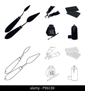 Balonchik les peintures, les tubes avec de la peinture, aquarelle dans une boîte, dans une bouteille d'encre et un stylo.jeu de dessins de l'artiste et de collection icônes de style du contour noir,vect Illustration de Vecteur