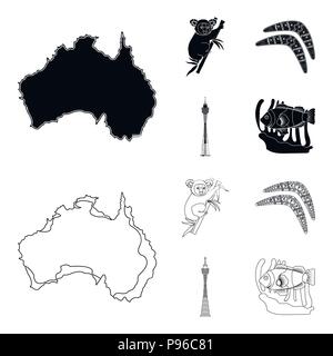 Koala sur le bambou, le boomerang, la tour de Sydney, le poisson clown et l'ammonium.Australie collection set icônes de style du contour noir, symbole vecteur stock illustrati Illustration de Vecteur