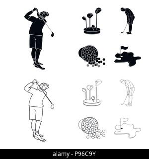 Support pour un club de golf, muzhchin jouant avec un club, panier avec des balles, l'étiquette avec un drapeau sur le terrain de golf. Club de Golf réglé icônes collection en noir, Illustration de Vecteur