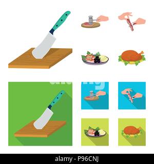 Cutlass sur une planche à découper, un marteau pour les côtelettes, la cuisson du bacon, la consommation de poisson et de légumes. Manger et cuisine collection icônes de style cartoon,Télévision Illustration de Vecteur