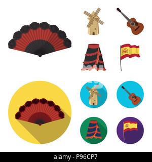 Fan espagnol, moulin, guitare, jupe pour les danses espagnoles. Pays Espagne collection set icônes de style cartoon,télévision stock symbol vector illustratio Illustration de Vecteur