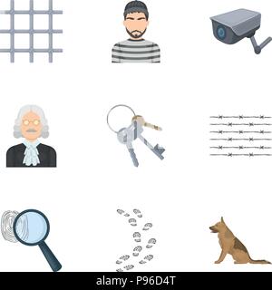 Jeu d'images sur la prison et des prisonniers. La surveillance des voleurs, cour, la criminalité et les peines de prison dans l'icône.set collection sur cartoon style vect Illustration de Vecteur