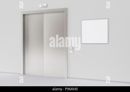 Ascenseur avec portes fermées et blank affiche ou de panneau dans le hall bureau moderne.  : Chemin de détourage autour de panneau d'espace publicitaire. 3D render Banque D'Images