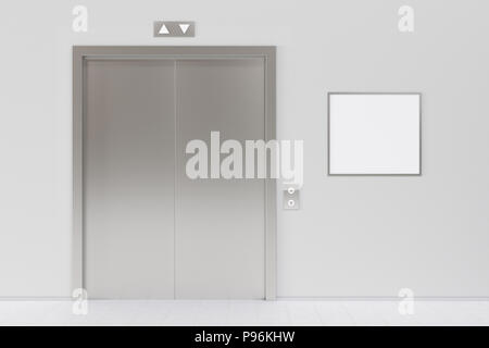 Ascenseur avec portes fermées et blank affiche ou de panneau dans le hall bureau moderne.  : Chemin de détourage autour de panneau d'espace publicitaire. 3D render Banque D'Images