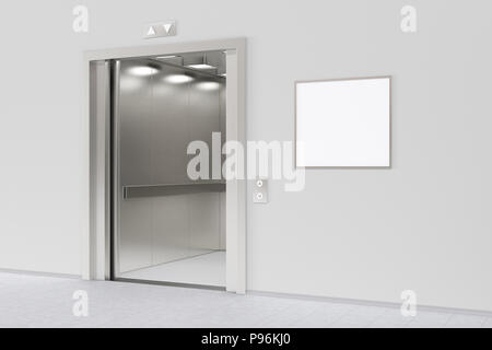 Ascenseur avec portes ouvertes et blank affiche ou de panneau dans le hall bureau moderne.  : Chemin de détourage autour de panneau d'espace publicitaire. 3D render Banque D'Images